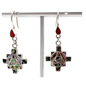 950 Silver Abalone Coral Earrings  Peruvian Sacred Cross Dangle Hooks